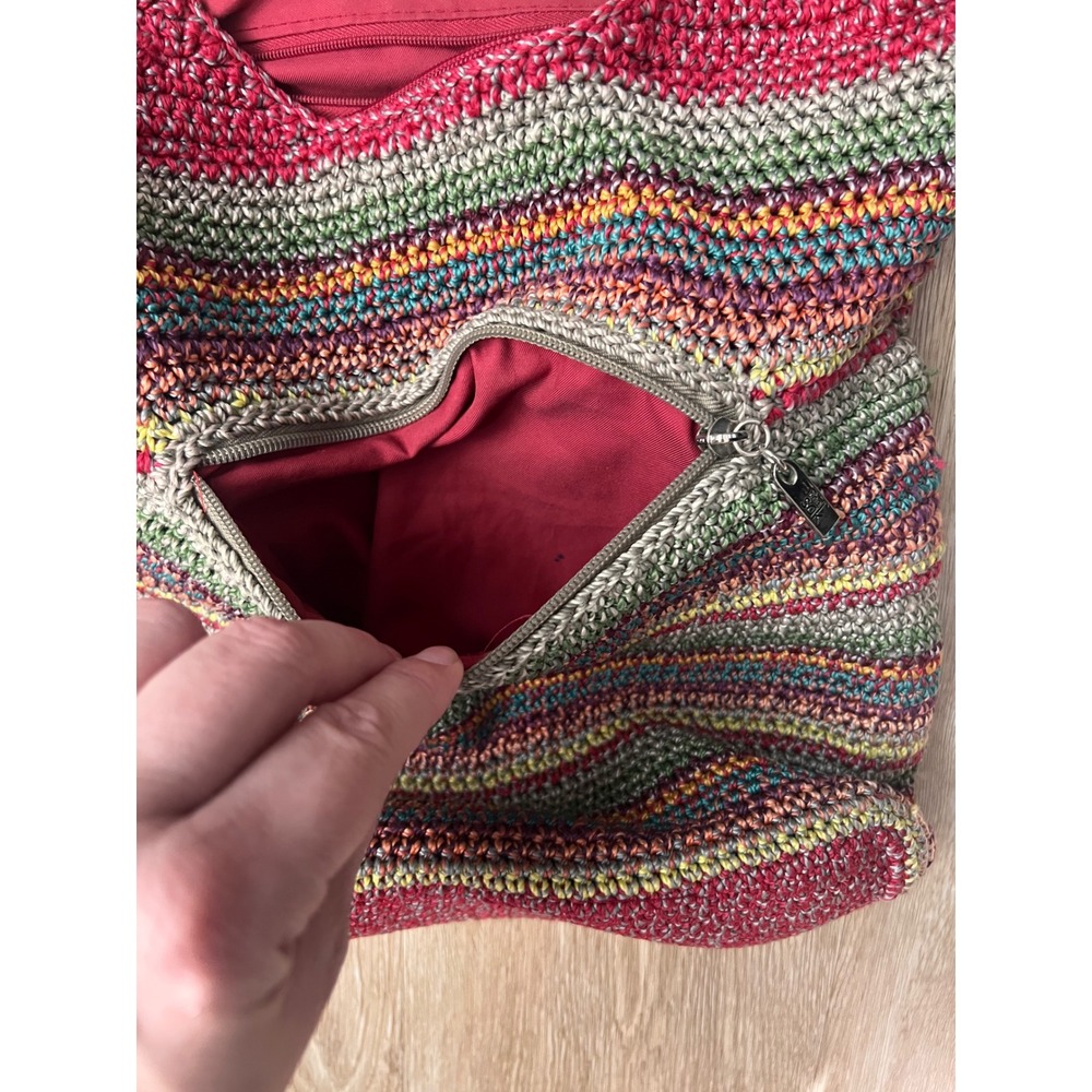 The Sak Crochet Striped Shoulder Bag Red Multi Color Zip Pocket Tote Handbag - Picture 6 of 9